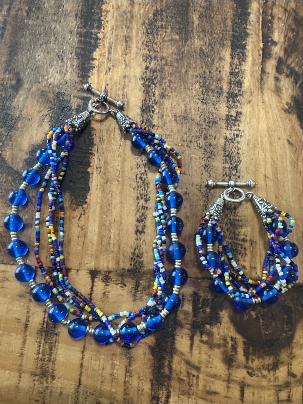 Multi-Strand Blue Beaded Necklace with Matching Bracelet